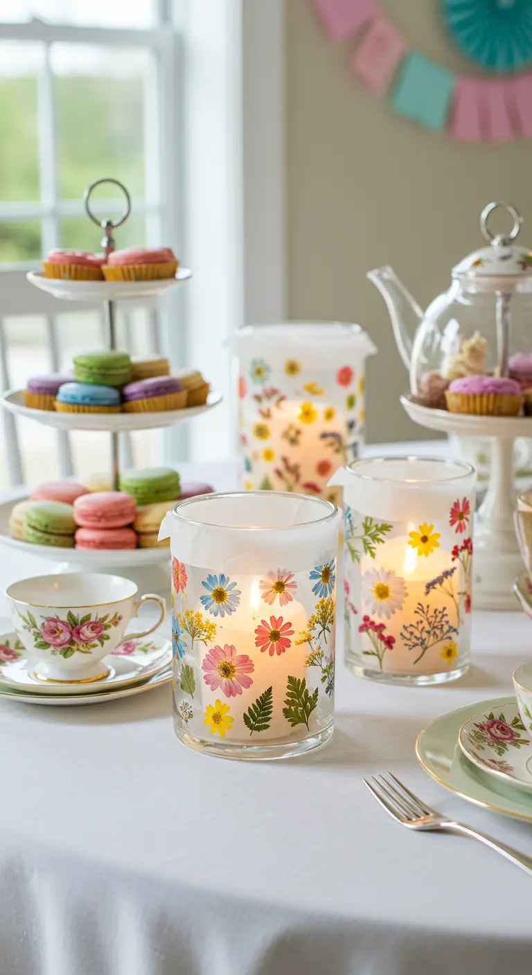 Glass hurricane lamps decorated with pressed wildflowers and ferns, with candles lit inside.