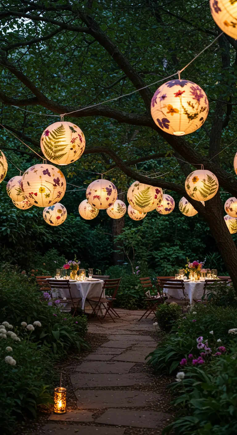 White paper lanterns decorated with pressed ferns and purple flowers hanging from trees in a garden.