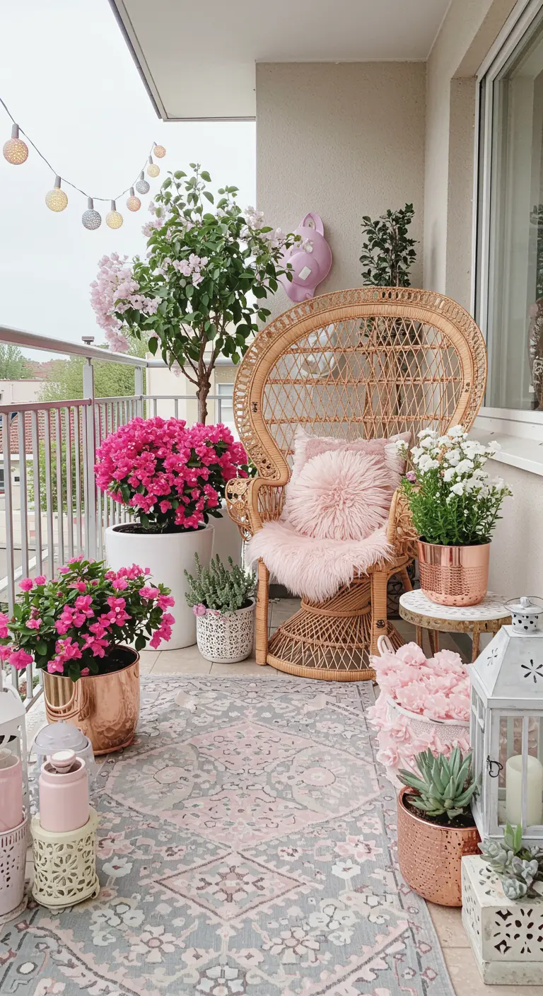 A romantic balcony with a peacock chair, pink faux fur, and pastel pink and copper planters.