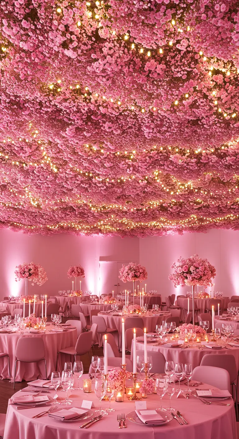 A dense ceiling of pink cherry blossoms dotted with fairy lights in a pink-lit room.