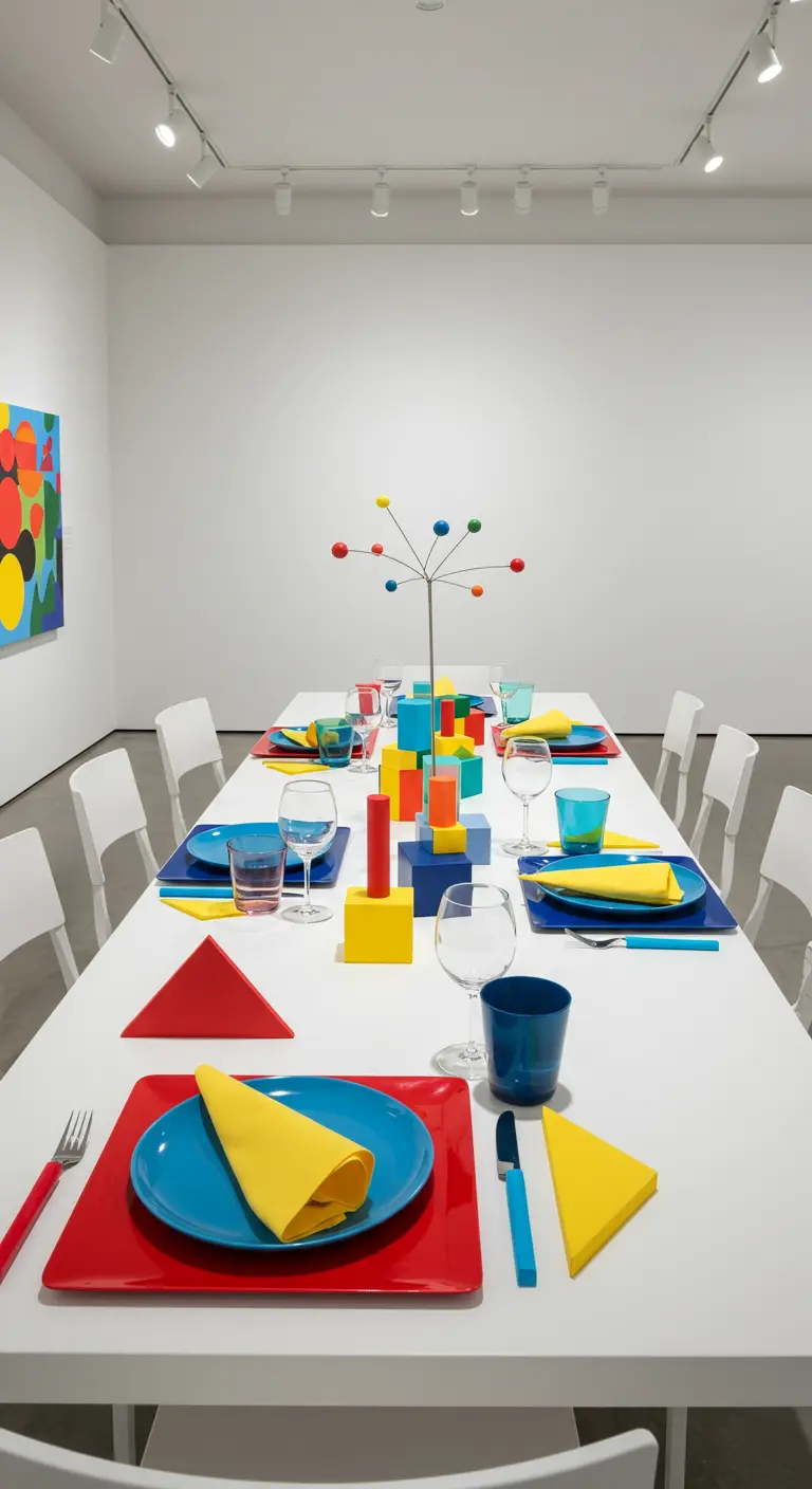 A modern art-inspired table setting with primary colored plates and a geometric centerpiece.