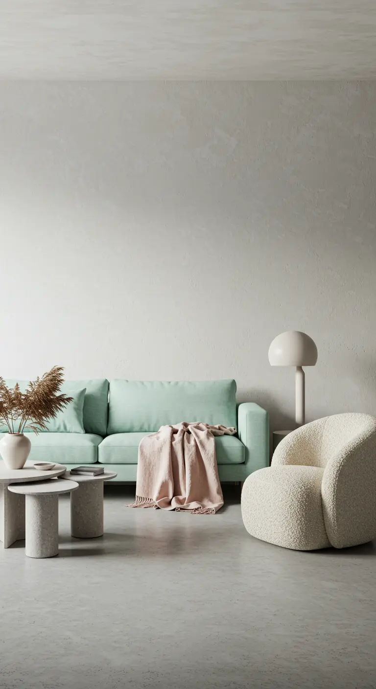 A minimalist living room with plaster walls, a mint sofa, and a white textured bouclé chair.