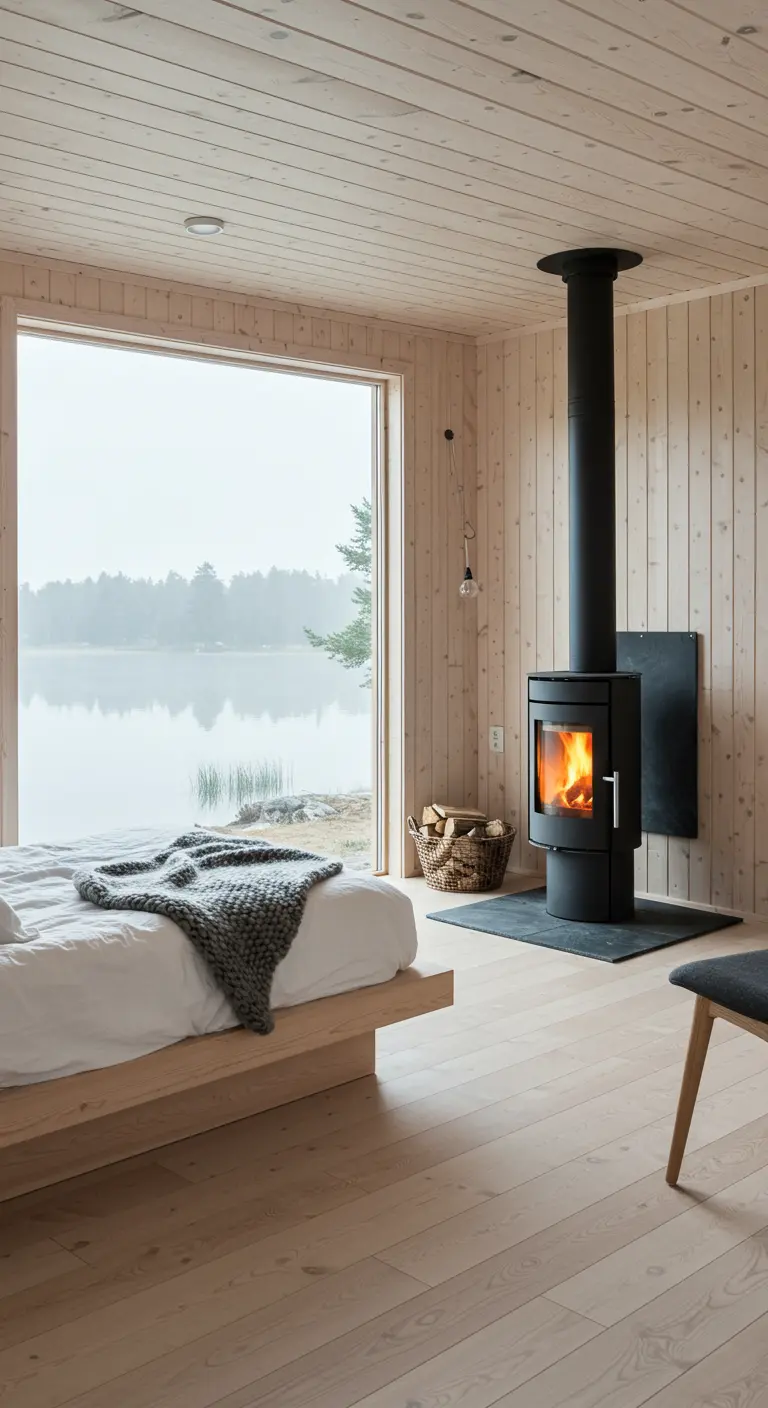 Minimalist bedroom with a wood stove and a large window overlooking a lake.