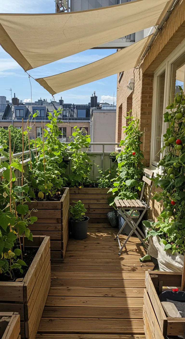 Balcony transformed into a vegetable garden with raised wooden planters, shade sails, and folding chair.