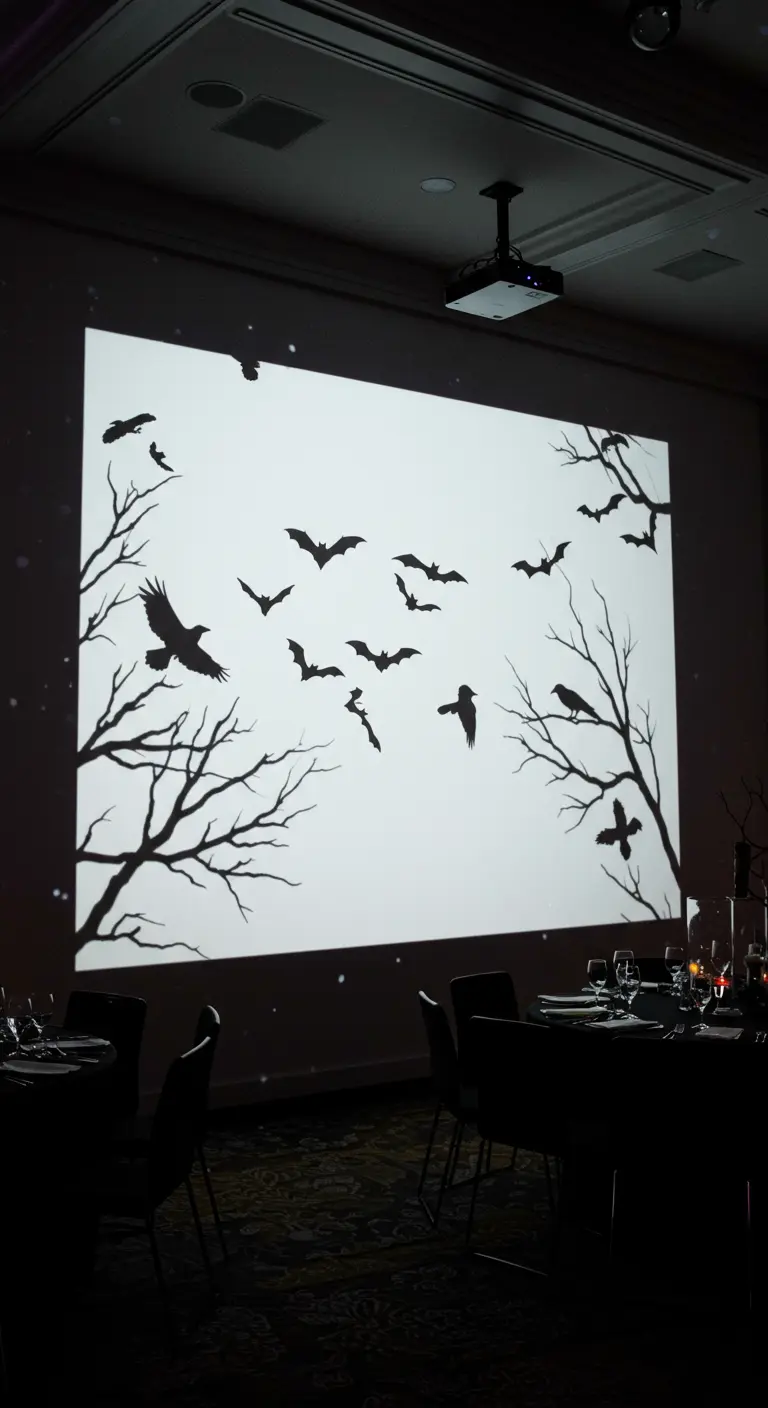 A spooky black-and-white scene of bats and branches projected onto a dining room wall.