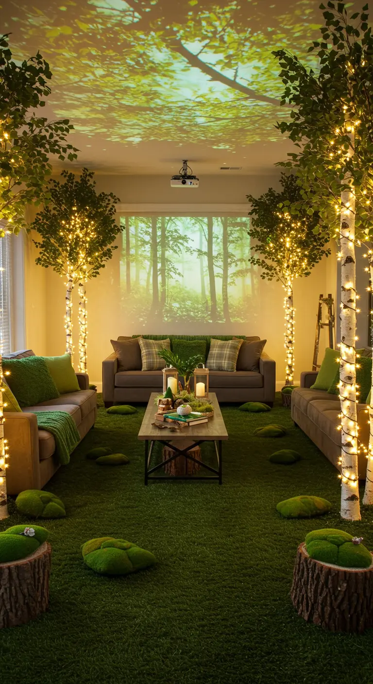 A living room transformed with a forest projection, faux birch trees, and mossy floor decor.