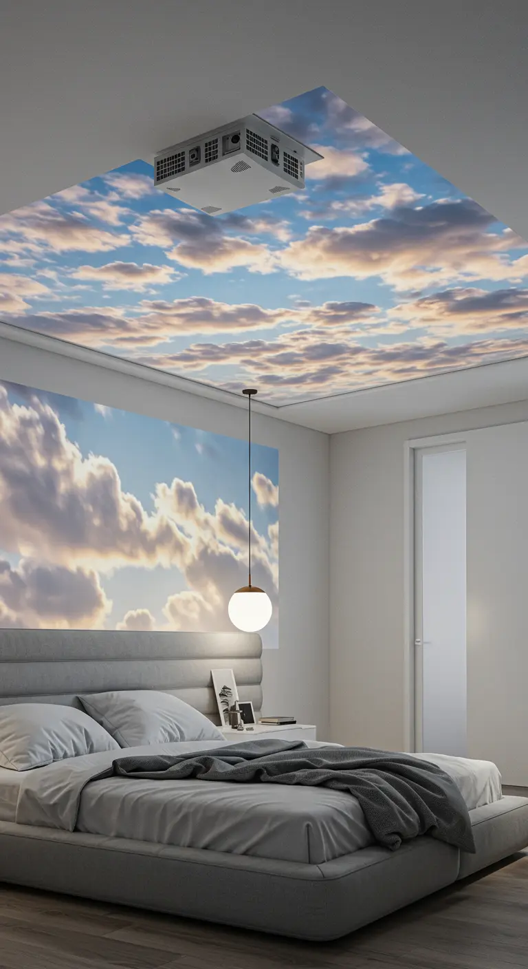 A modern bedroom with a projector casting a realistic cloud image on the ceiling.