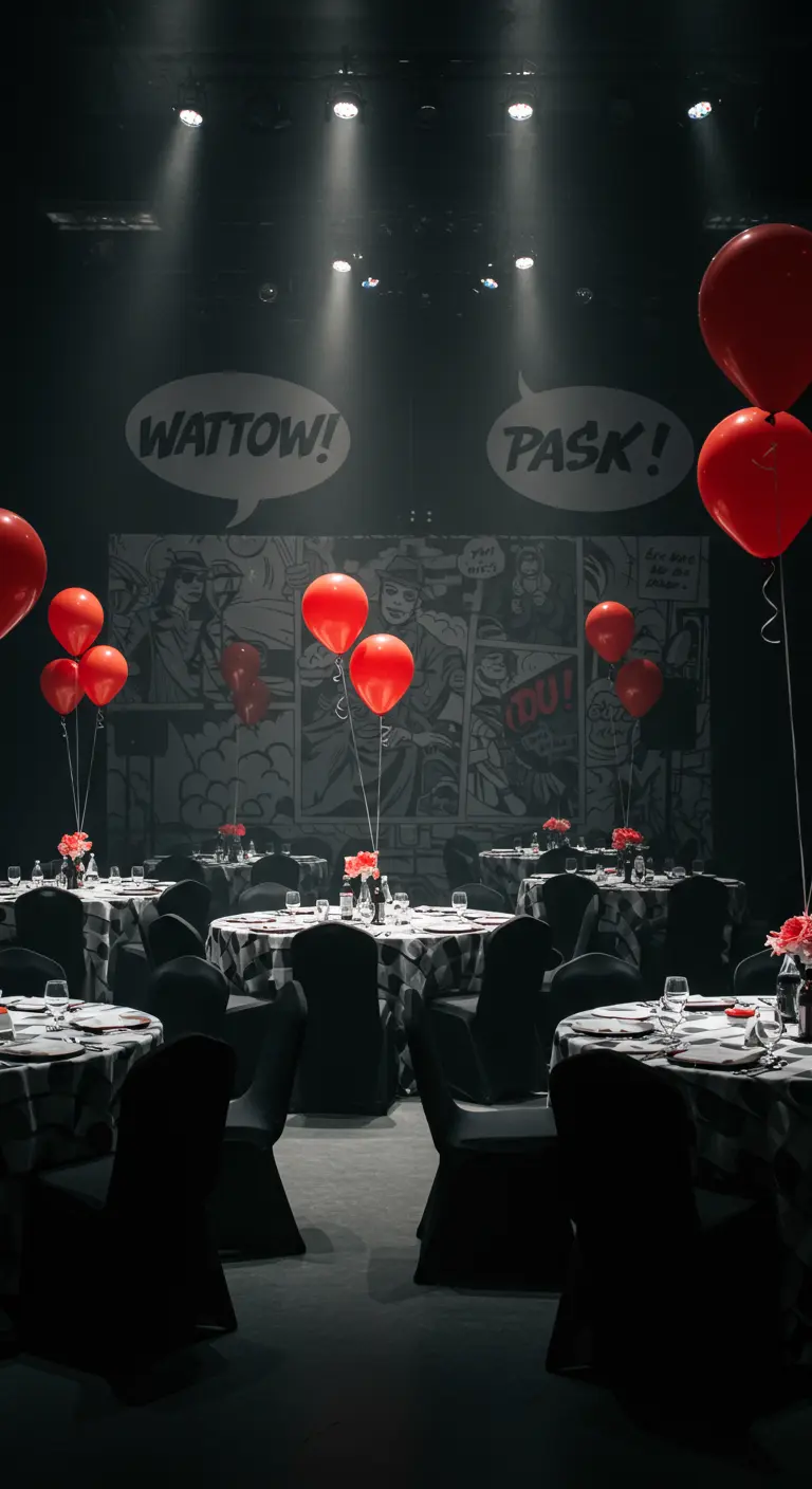 Elegant, dimly lit party with projected speech bubbles and red balloons.