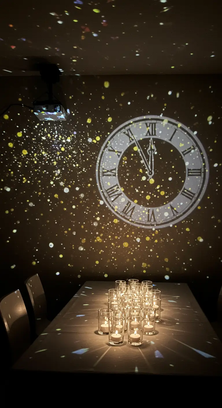 A simple table with a candle cluster, with a large clock and confetti pattern projected on the wall.