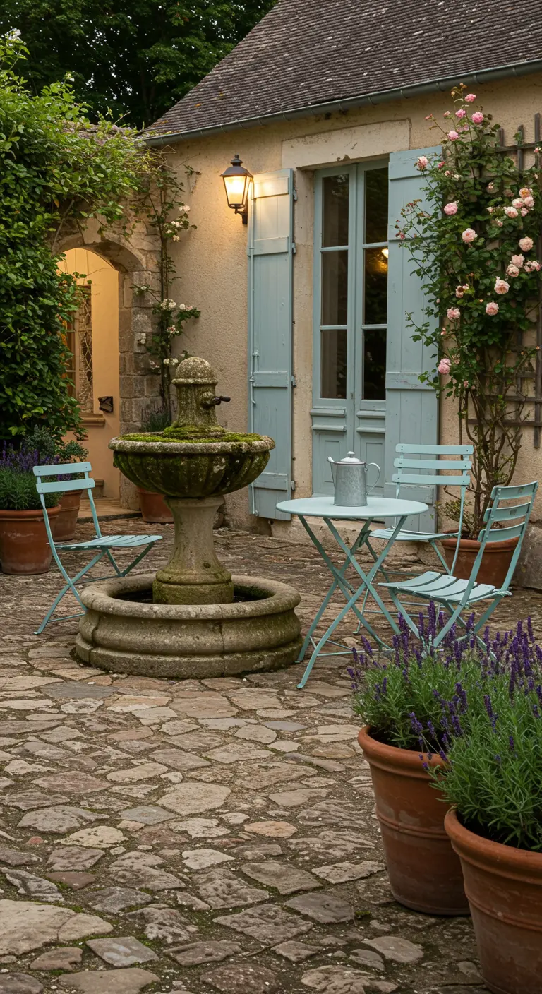 Fountain in a French courtyard with blue chairs, cobblestones, and potted lavender.