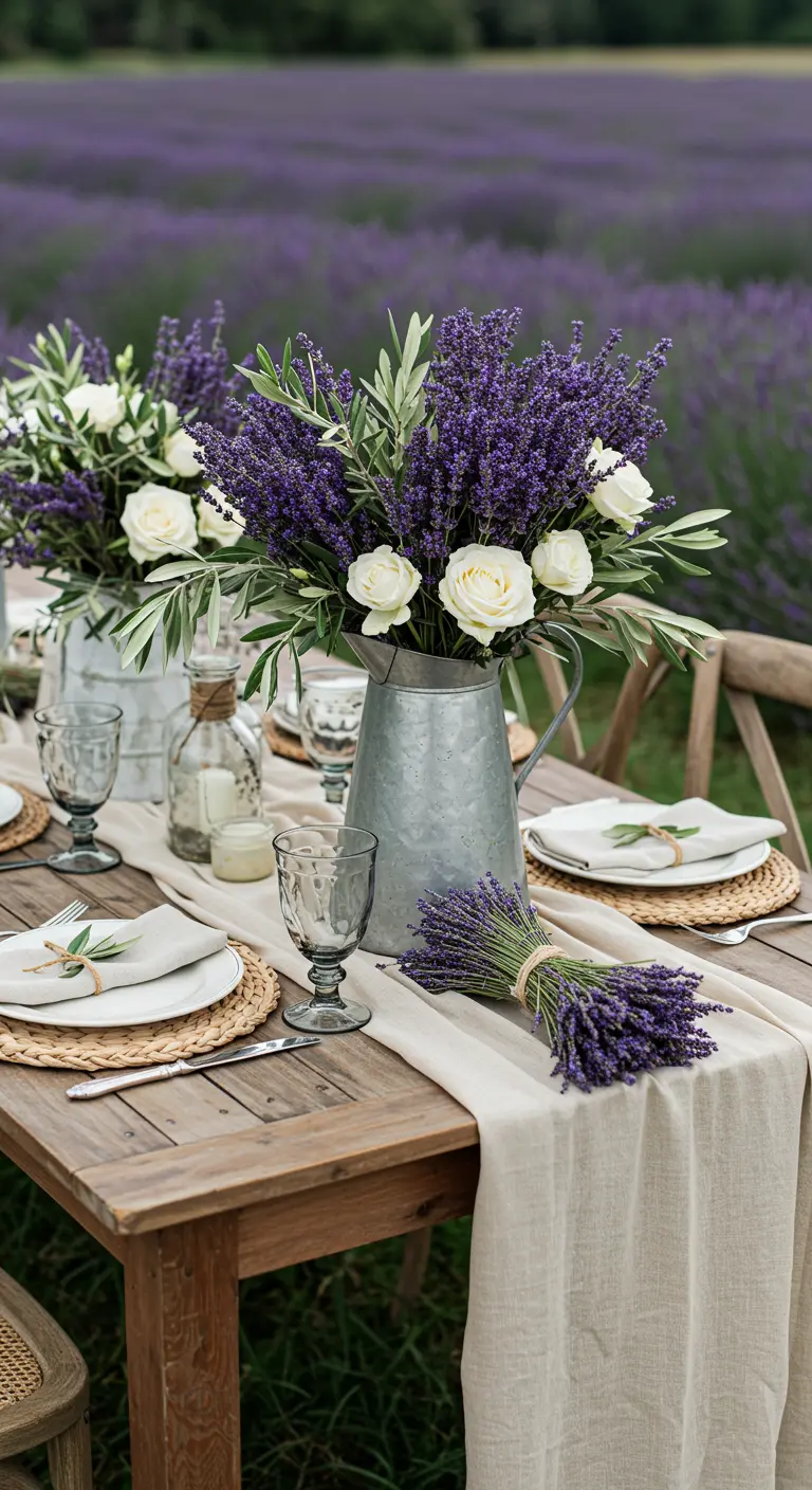 Rustic table in a lavender field with a pitcher of lavender and white roses.