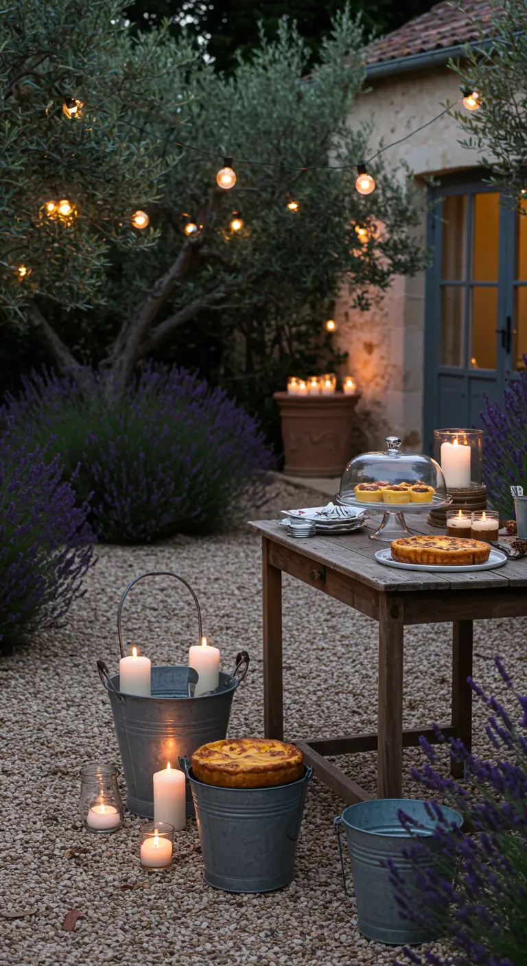 A rustic dessert table in a gravel garden with lavender, olive trees, and candles in buckets.