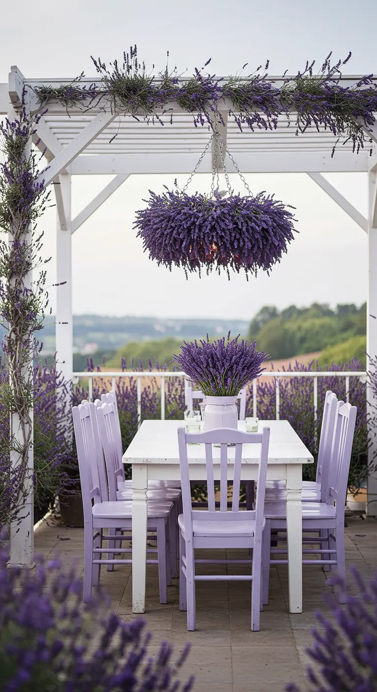 A white pergola with a dense lavender chandelier over a dining table with lavender-colored chairs.