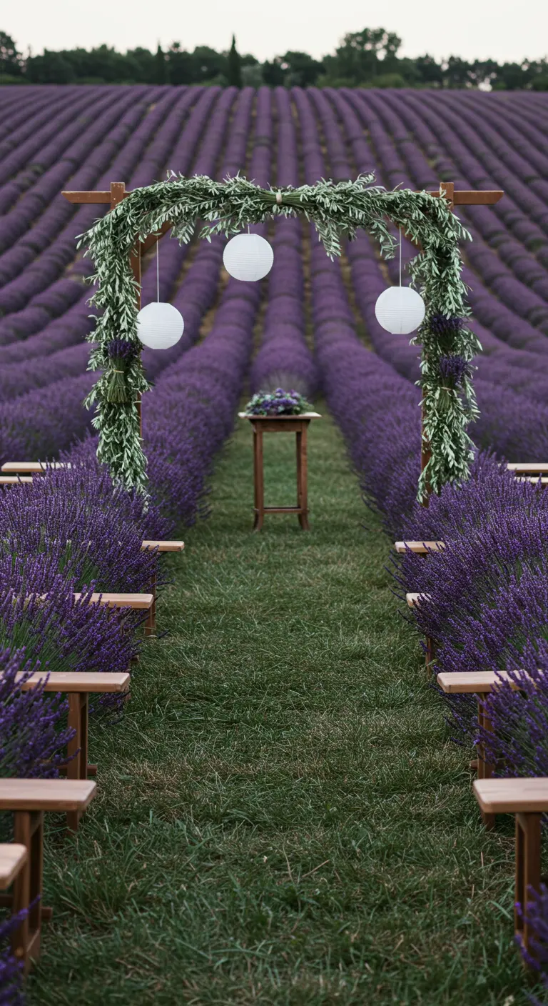 A simple wedding arch with greenery and white paper lanterns in a lavender field.