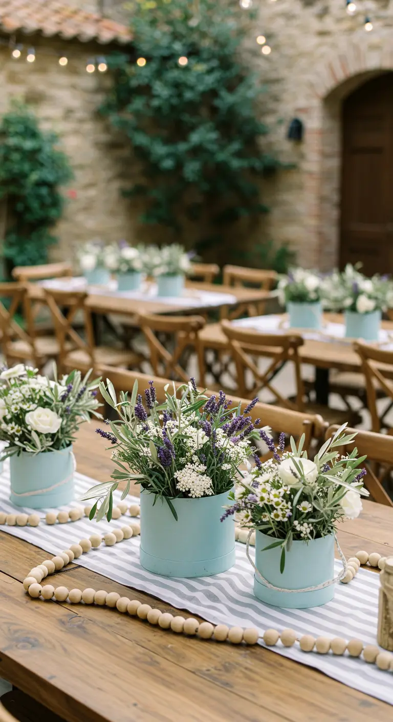 Light blue hatboxes with lavender and olive branches on a striped runner with bead garland.