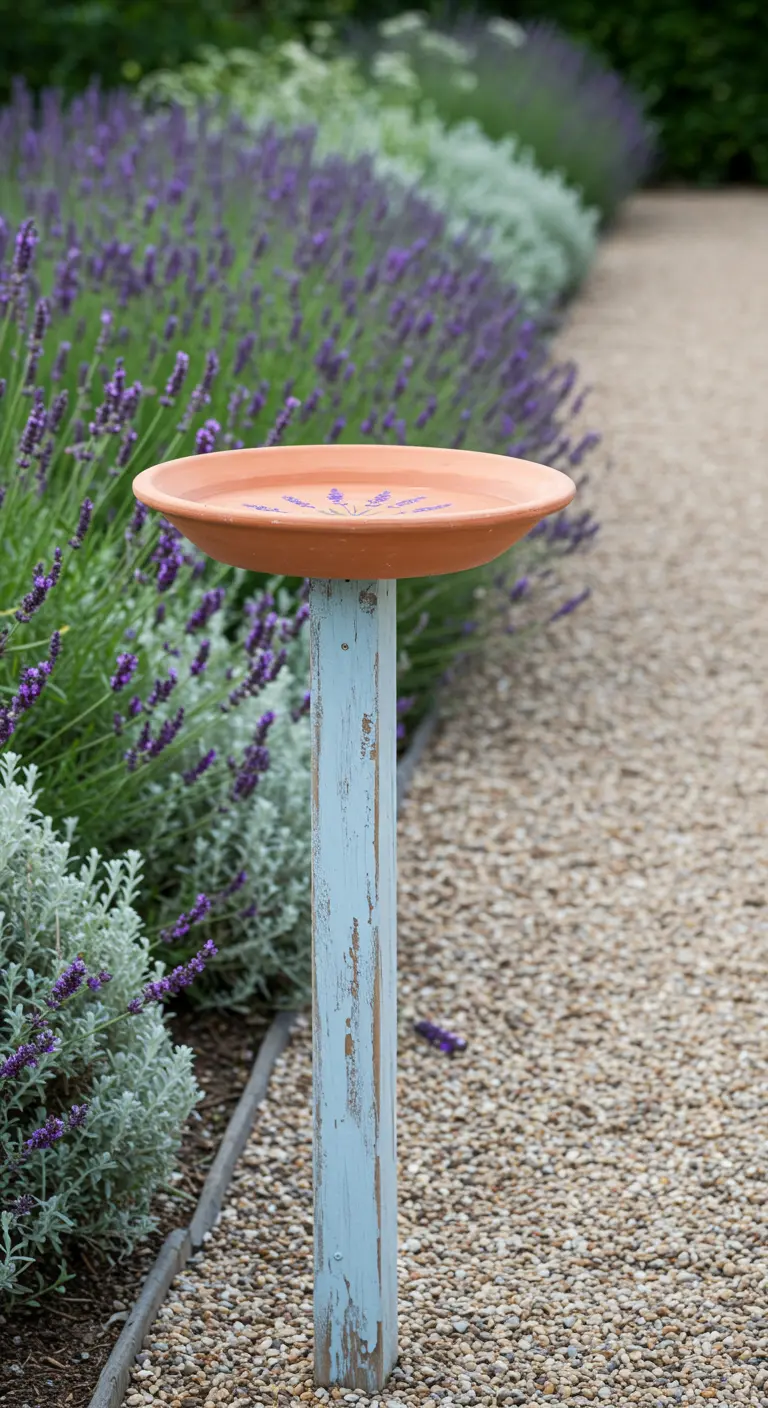 A minimalist birdbath with painted lavender on a distressed blue post next to a gravel path.