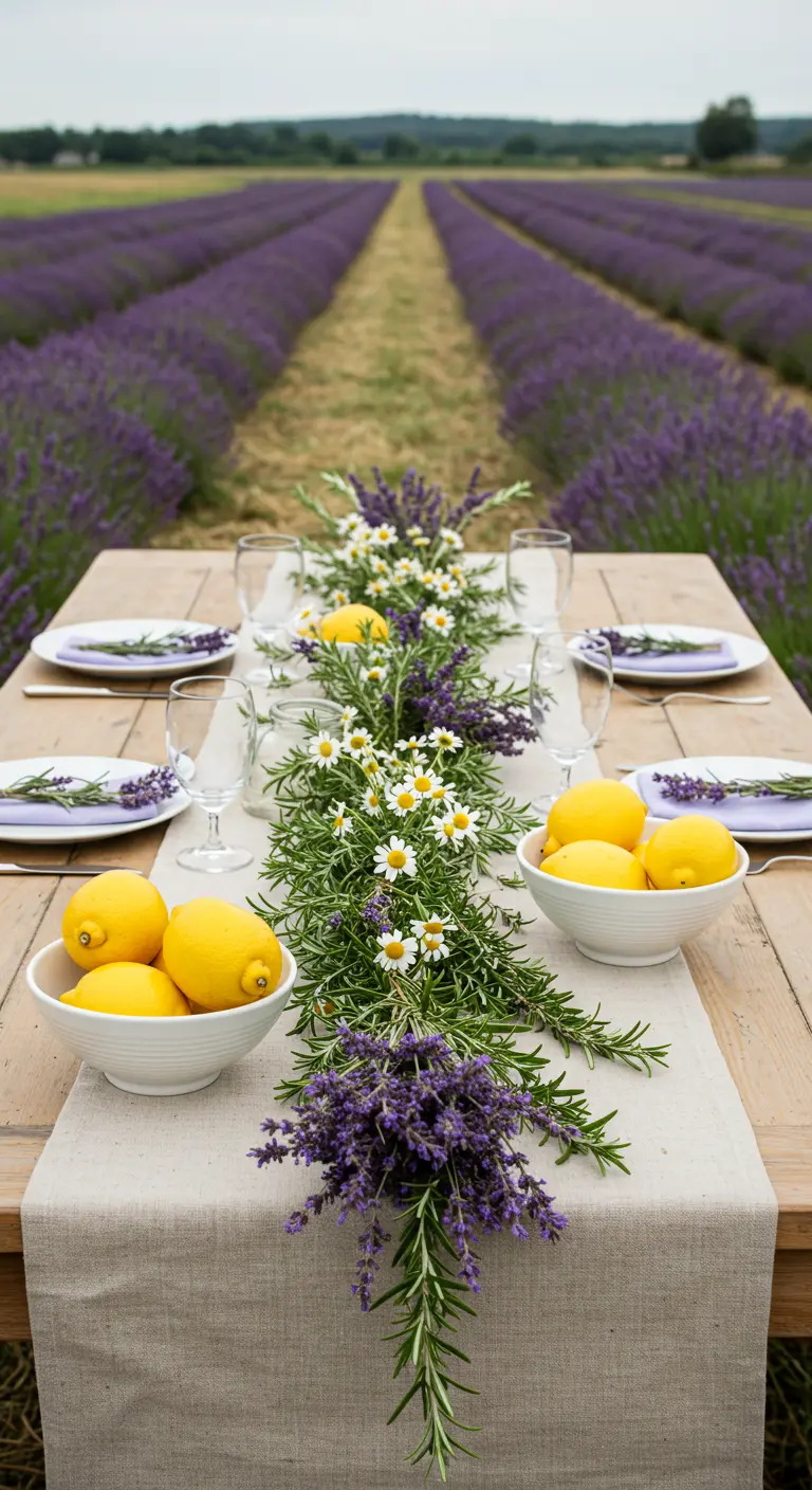 A table in a lavender field decorated with a rosemary, lavender, and lemon garland.