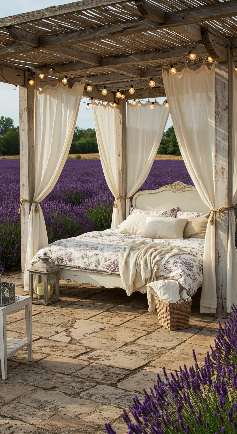 Vintage canopy bed in a lavender field under a rustic wooden pergola.