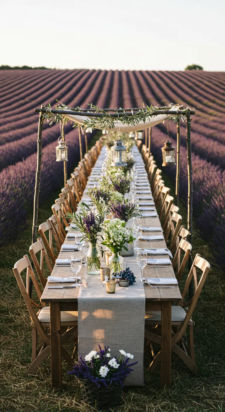 A long wedding table in a lavender field with a rustic arbor and hanging lanterns.