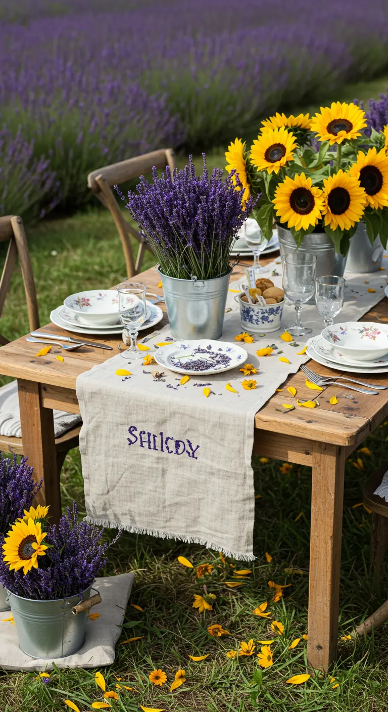 Rustic table in a lavender field with sunflowers and lavender in buckets.