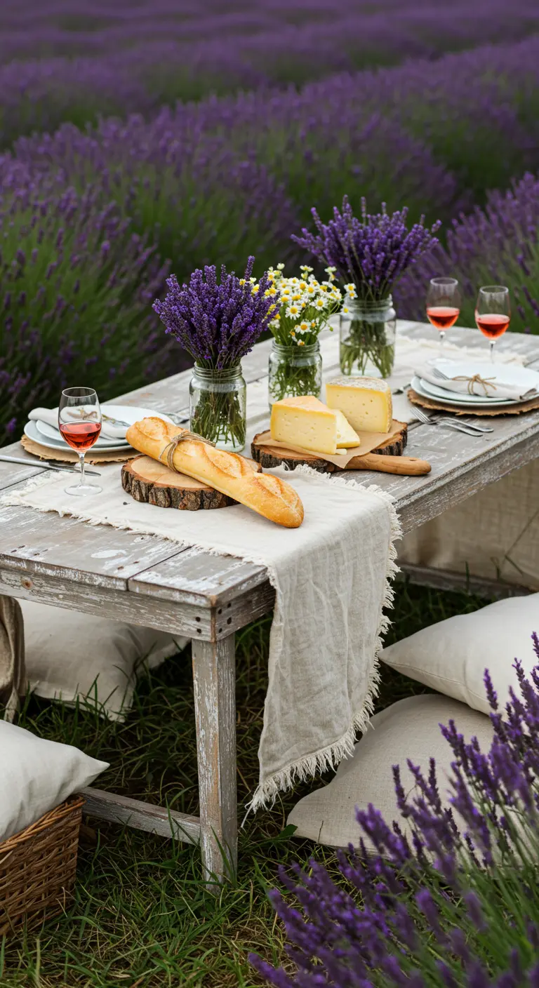 A picnic table in a lavender field with fresh bread, cheese, and lavender bouquets.
