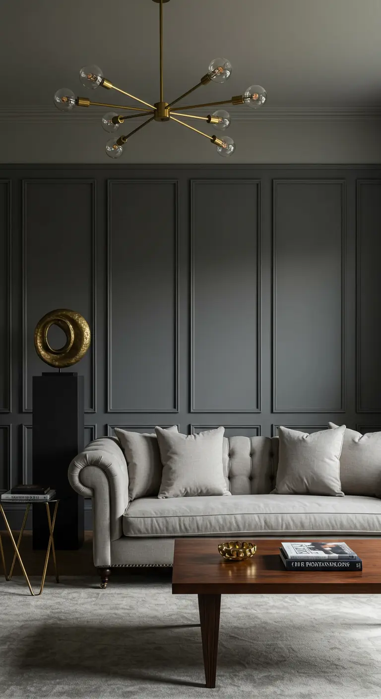Living room with dark panelled walls, a light grey tufted sofa, and minimal brass accents.