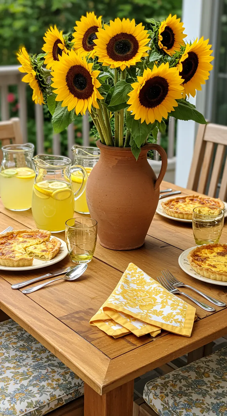 Brunch table with sunflowers, quiche, lemonade, and yellow toile napkins.