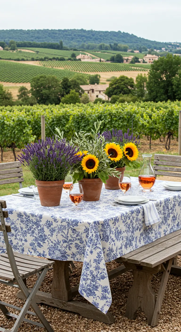 A simple table overlooking a vineyard, set with potted lavender, sunflowers, and a toile tablecloth.