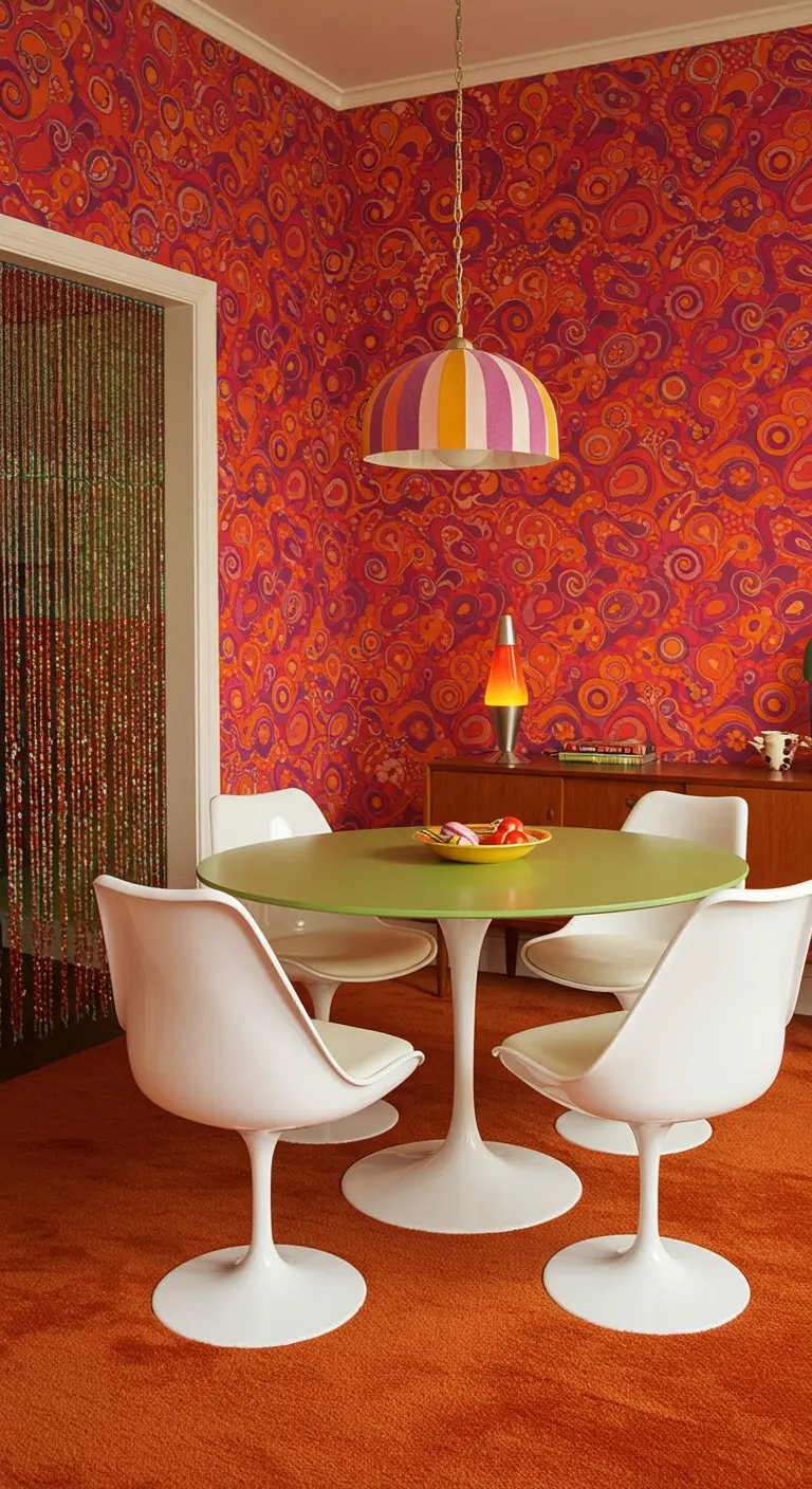 1970s-style dining room with paisley wallpaper, an orange shag rug, and a green table.
