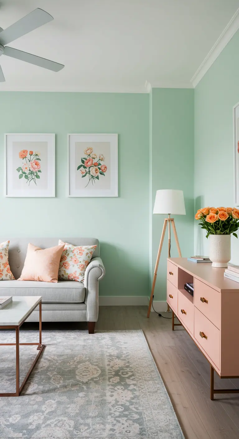Mint green living room with a gray sofa and a peach-colored sideboard.