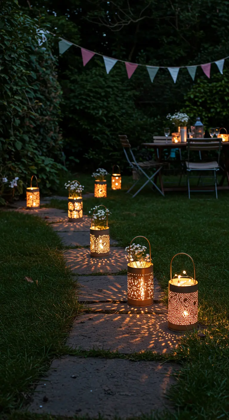 A garden path at night lined with DIY punched-tin-can lanterns casting pretty patterns.