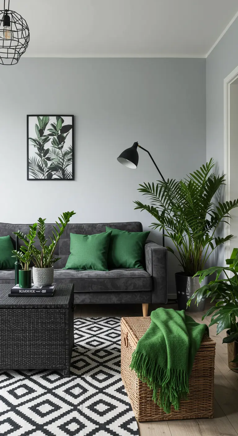 A gray living room with a charcoal sofa, bright green pillows, and several large houseplants.