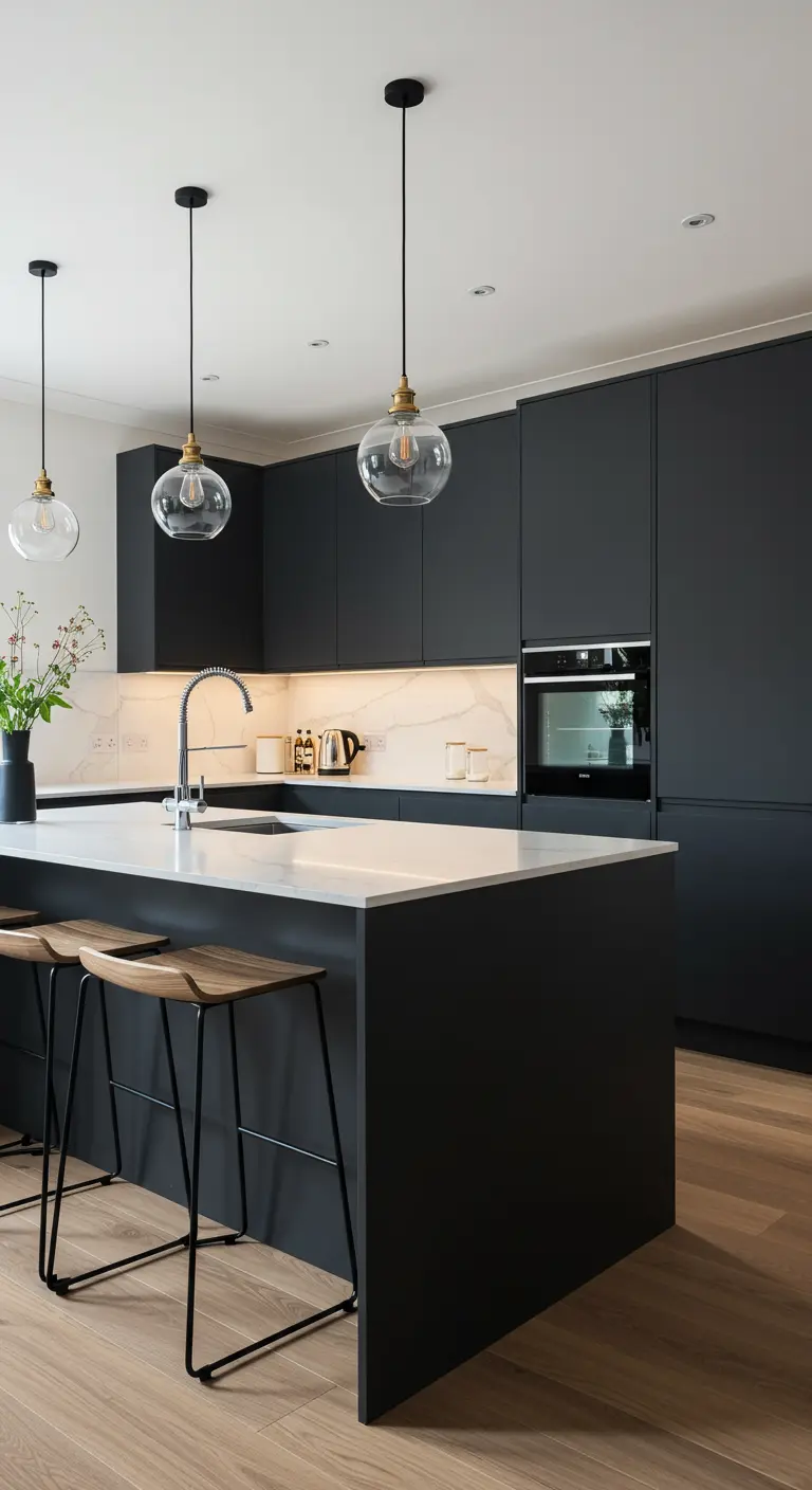 Modern kitchen with matte black cabinets, white island, and glass pendants.