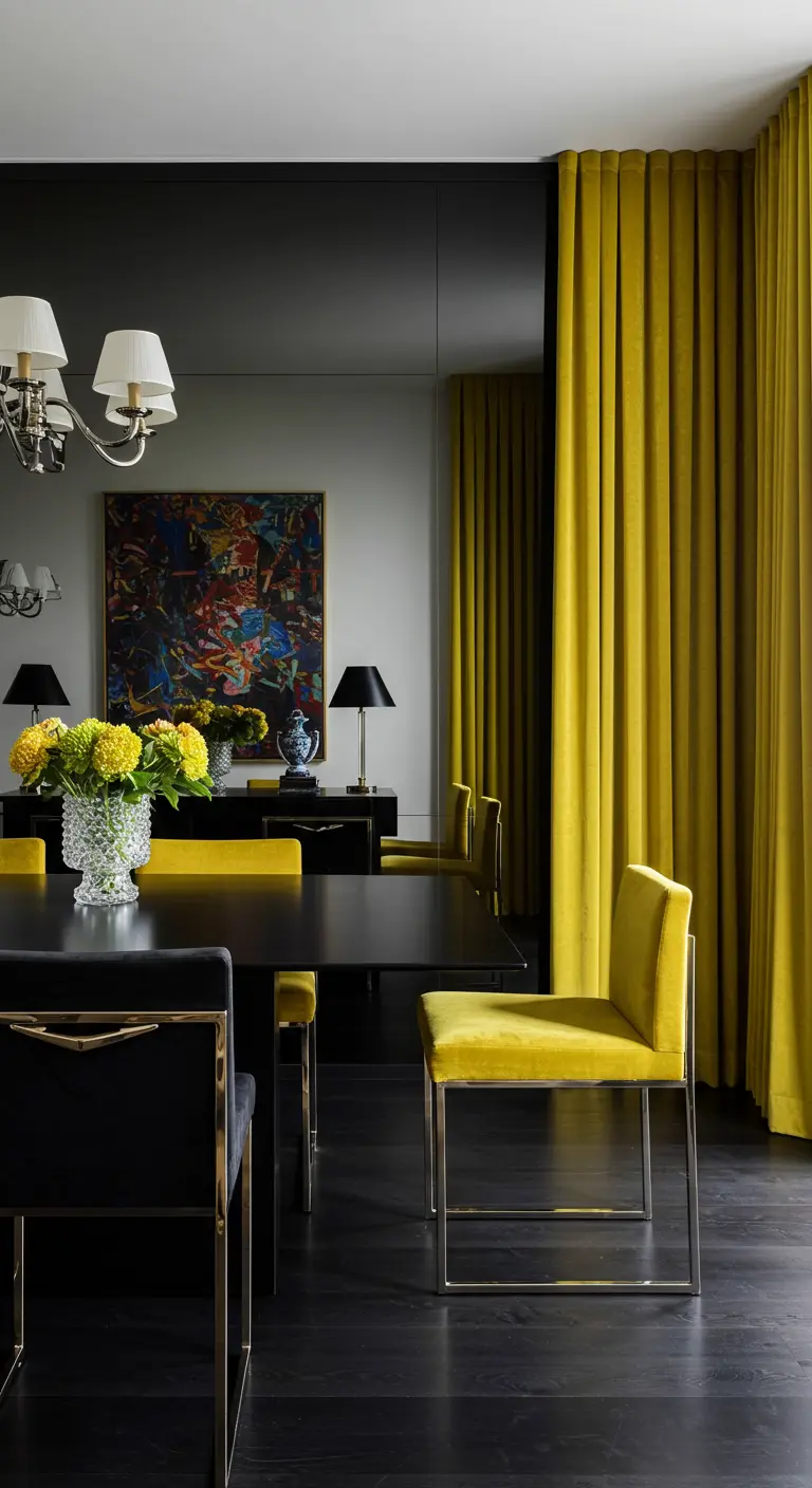 Dining room with dark walls, a black table, and bright chartreuse velvet chairs and curtains.