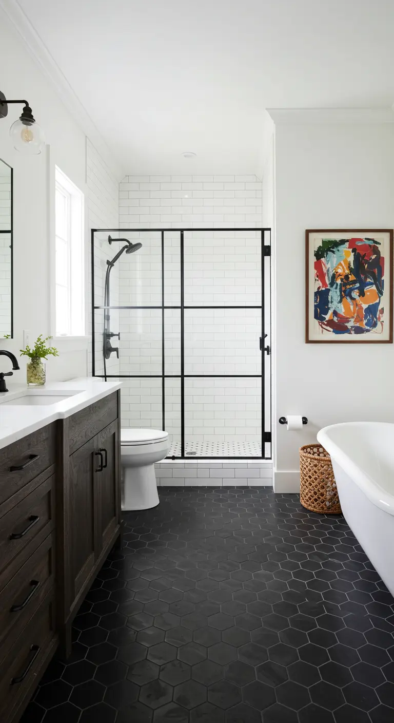 White bathroom with a dark wood vanity, black hex tile floor, and a colorful abstract painting.