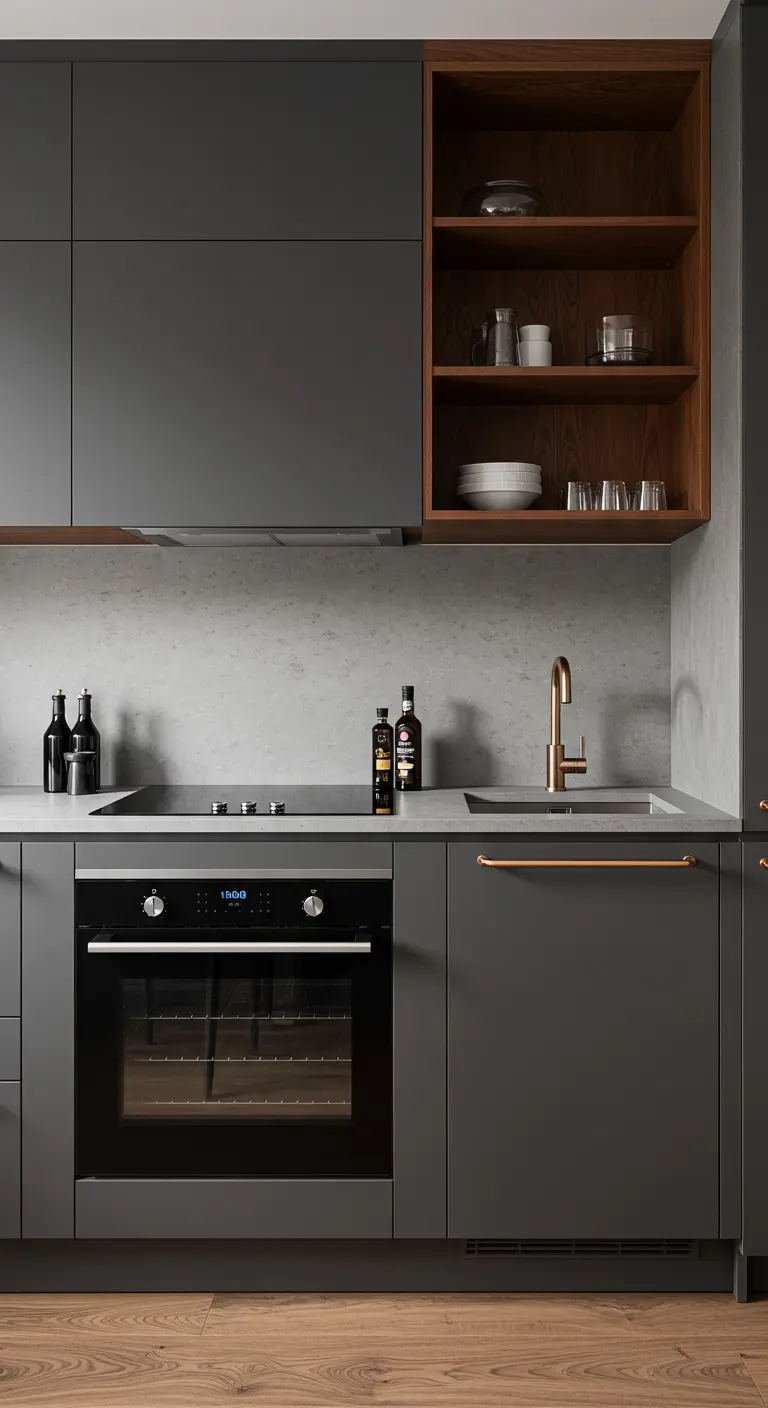 A kitchen with matte dark gray cabinets featuring a warm wood open-shelf nook.