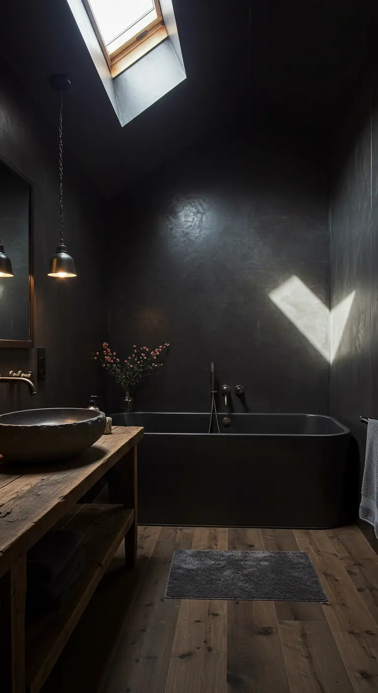 Dark bathroom with a skylight illuminating a black tub and rustic vanity.