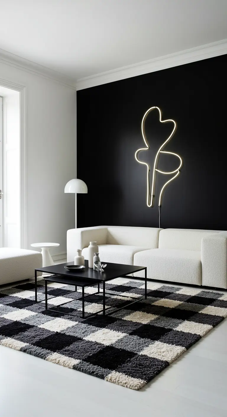 Modern living room with a black accent wall featuring a white neon art installation.