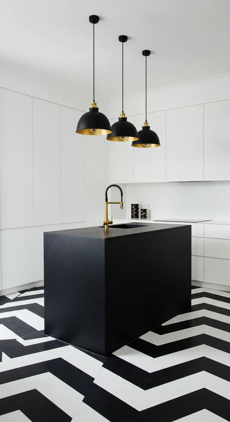 Minimalist kitchen with a bold chevron floor and black dome pendant lights.