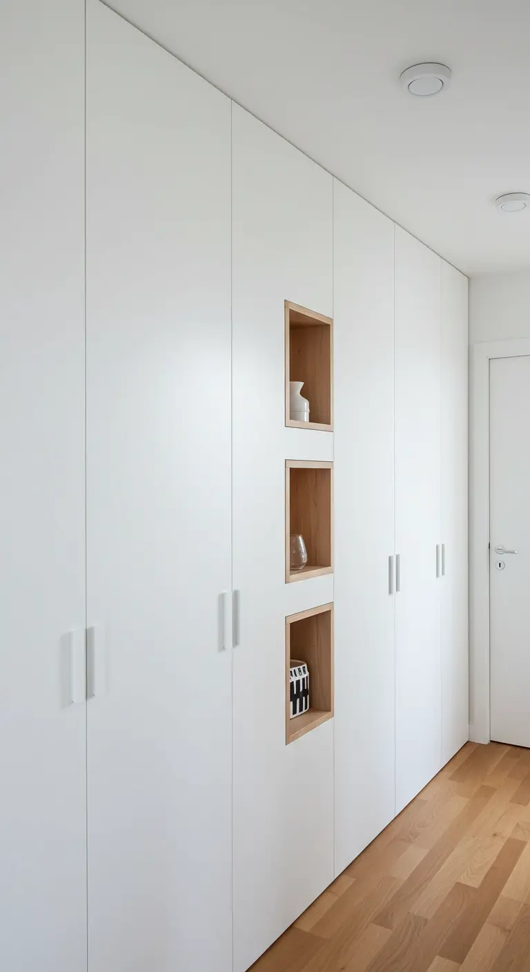 A long wall of white closets with three recessed, wood-lined display niches.