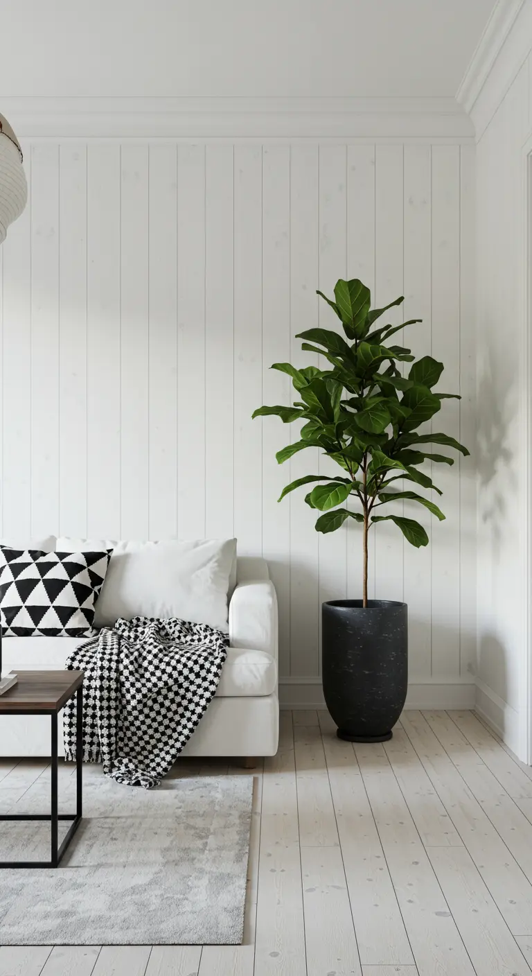 A white sofa and shiplap walls accented with a black and white throw and a black planter.