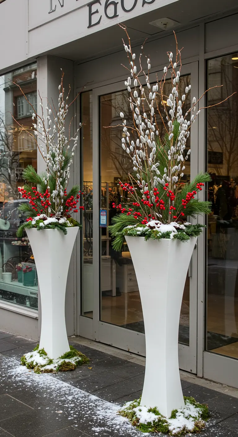 Tall white modern planters with pussy willow branches, pine, and red berries in front of a storefront.