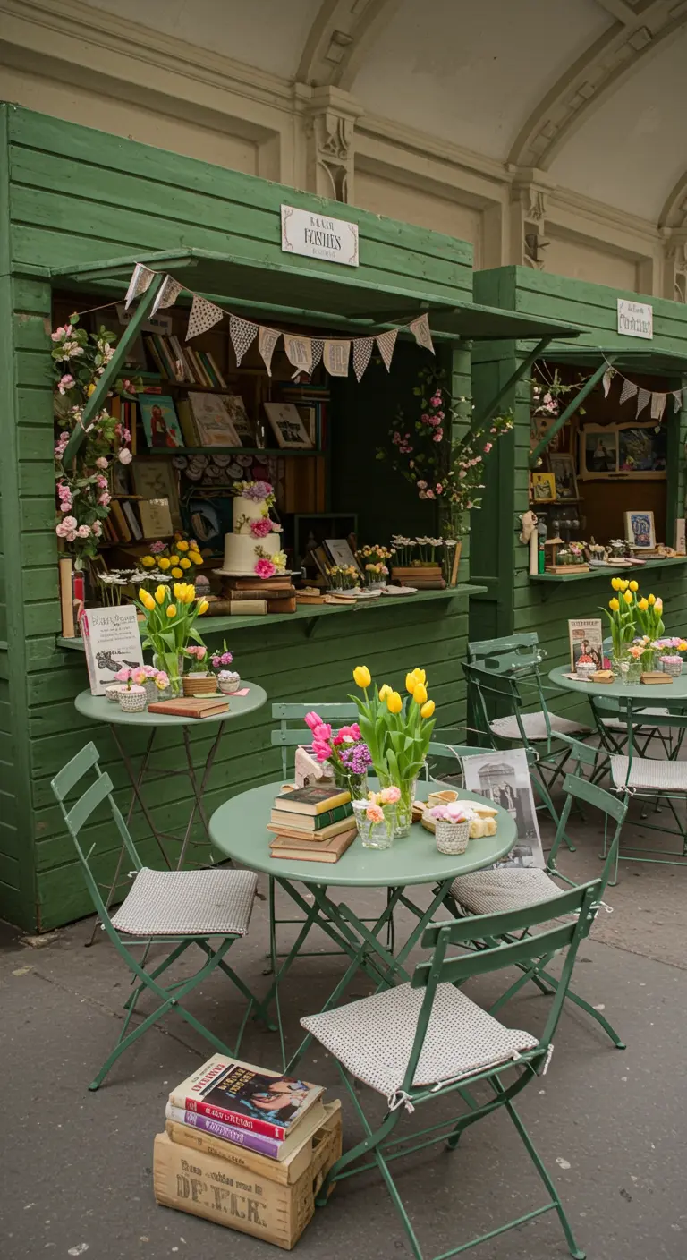 Outdoor book market stalls painted green, with yellow tulips on cafe tables.