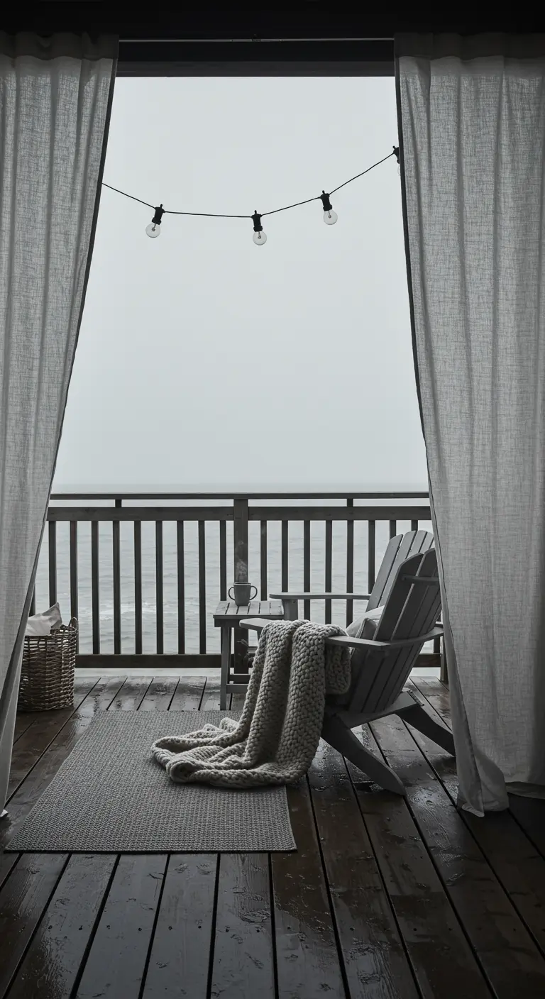 An Adirondack chair with a chunky blanket on a wet wooden deck overlooking a gray sea.