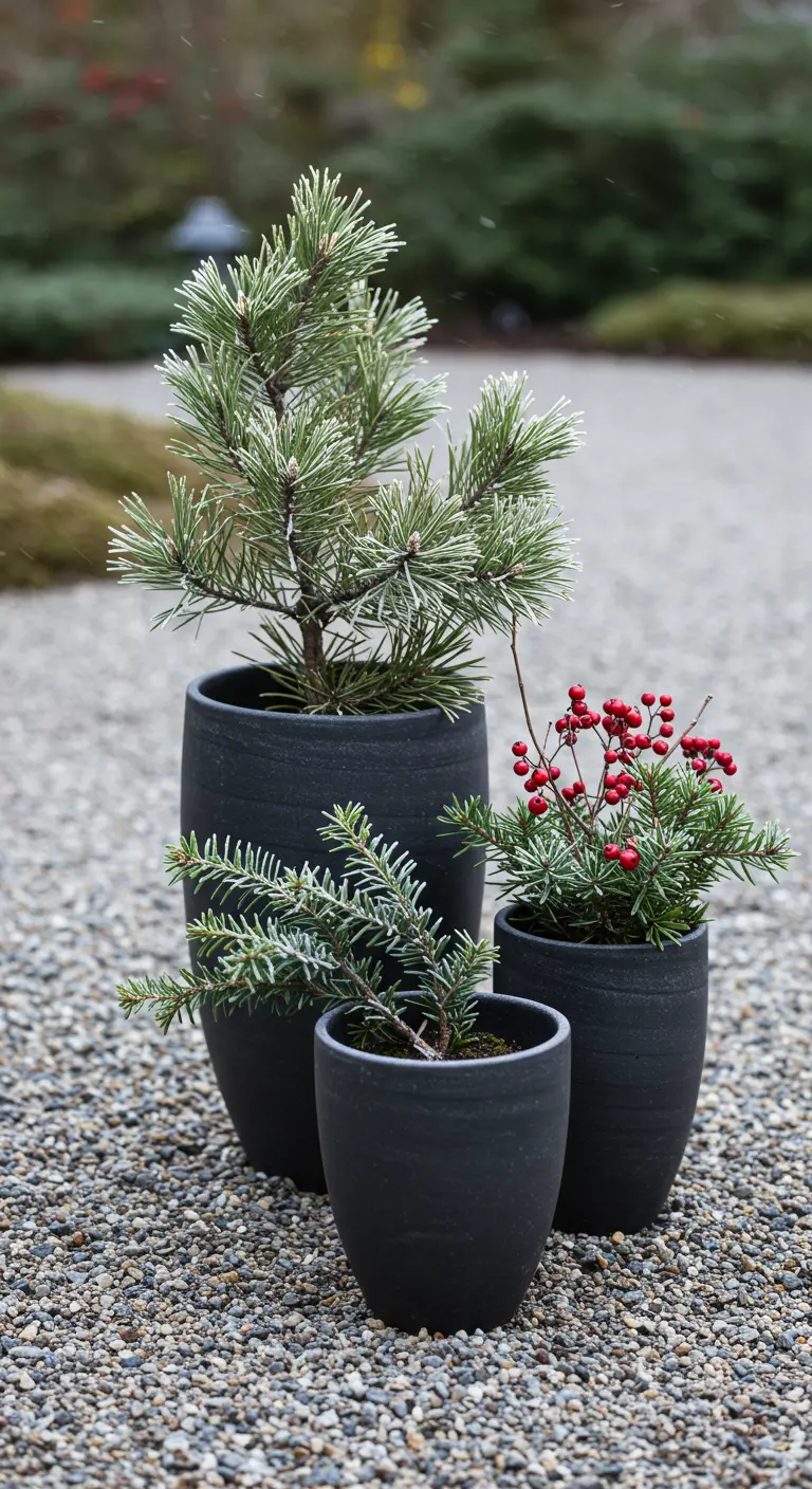 Three minimalist black pots with a dwarf pine and red berries on a gravel surface.