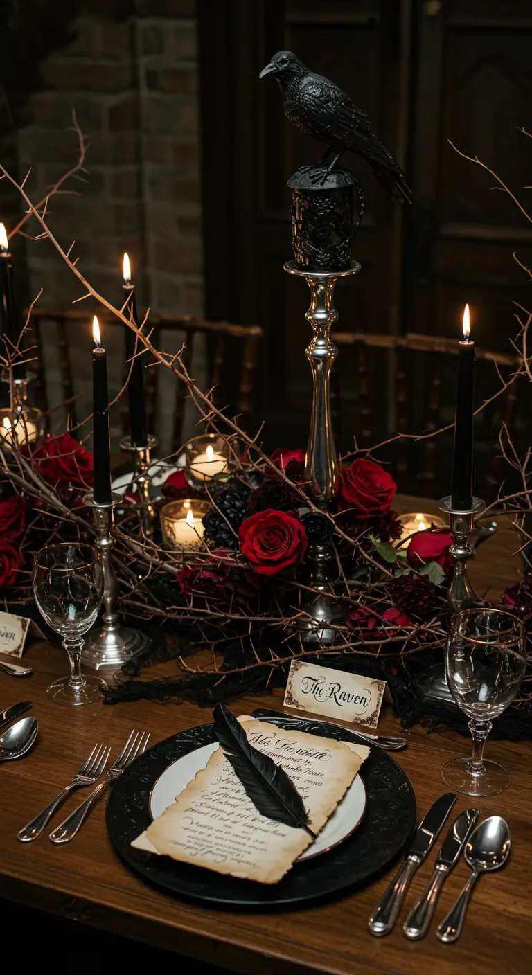 Poe-themed table with a raven, thorny branches, aged paper menu, and a feather quill.