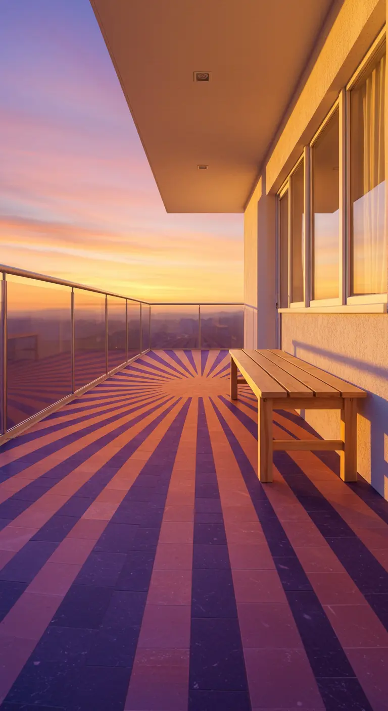 A balcony with a dramatic purple and orange sunburst tile pattern and a simple wood bench.