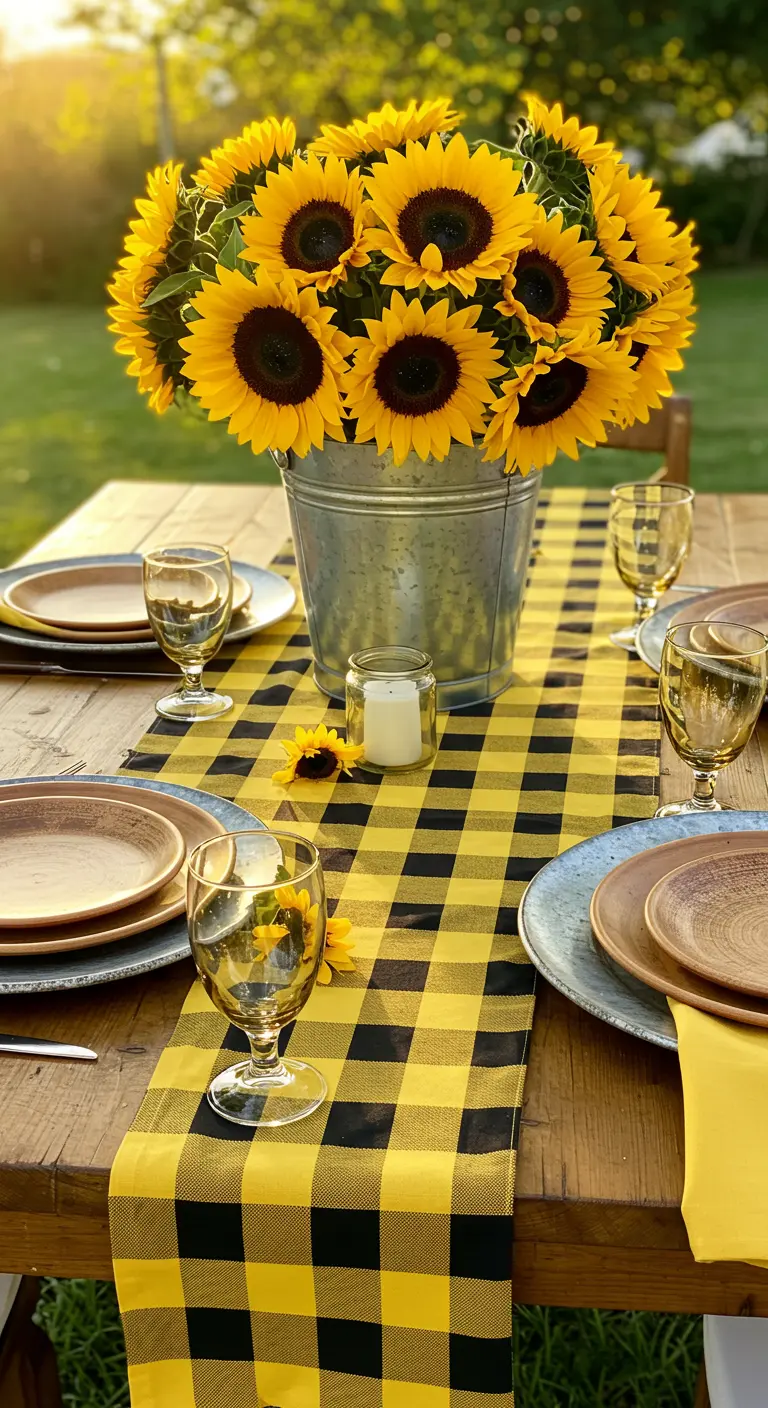 Outdoor table with a yellow buffalo check runner and a bucket of sunflowers.