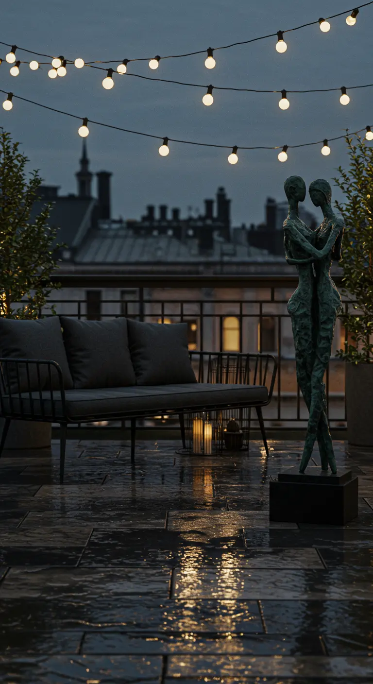 A modern rooftop terrace at night with string lights reflecting on the wet slate floor.