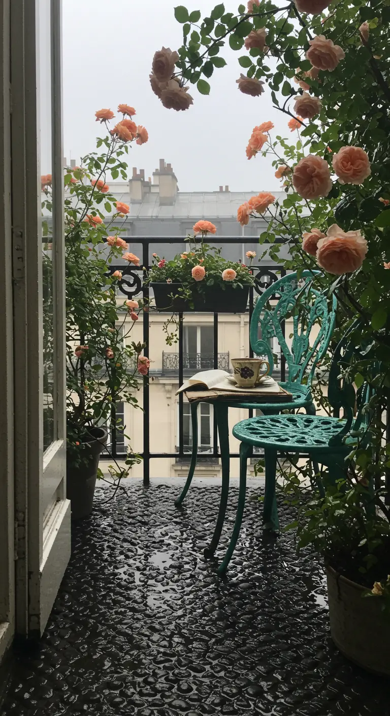 Ornate teal bistro set on a wet, dark balcony surrounded by peach-colored climbing roses.